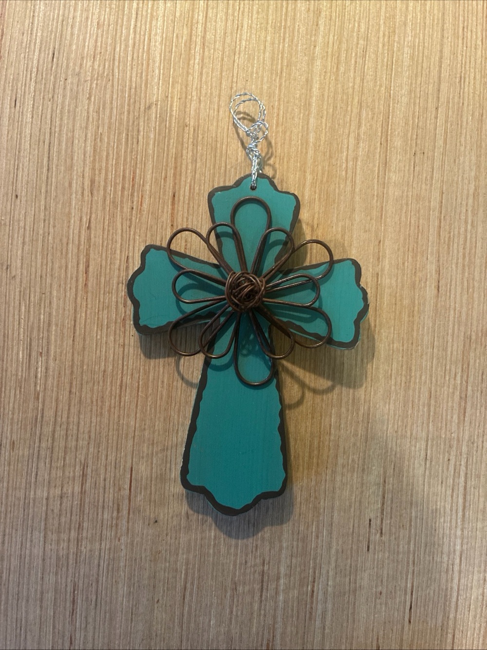 Teal Decorative Cross Ornament with Brown Wire Flower Accent